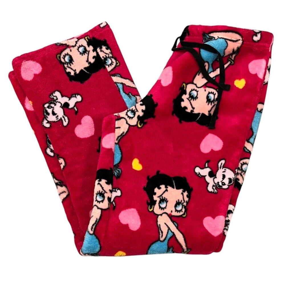 Betty Boop Women's Pajama Pants Pink Hearts Drawstring Soft Lounge Fleece Sz M